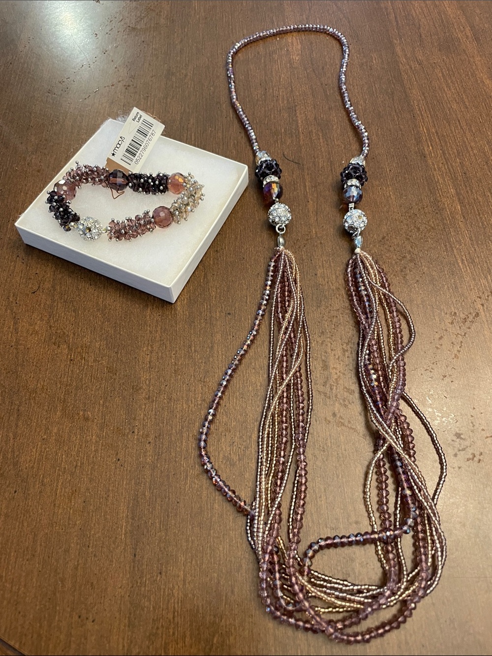 Beaded Tassel Necklace and Bracelet Set - lavender/purple
